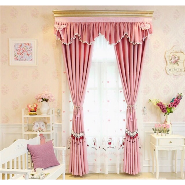(QUÀ TẶNG CHO BÉ) Rèm Thêu Kitty xinh xắn, rèm cửa màu hồng trang trí phòng ngủ trẻ em
