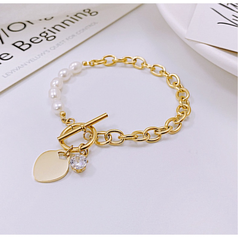 Lắc Tay Dây Xích Phối Ngọc Trai Nhân Tạo Mặt Trái Tim Titan Ko Đen TT 4256