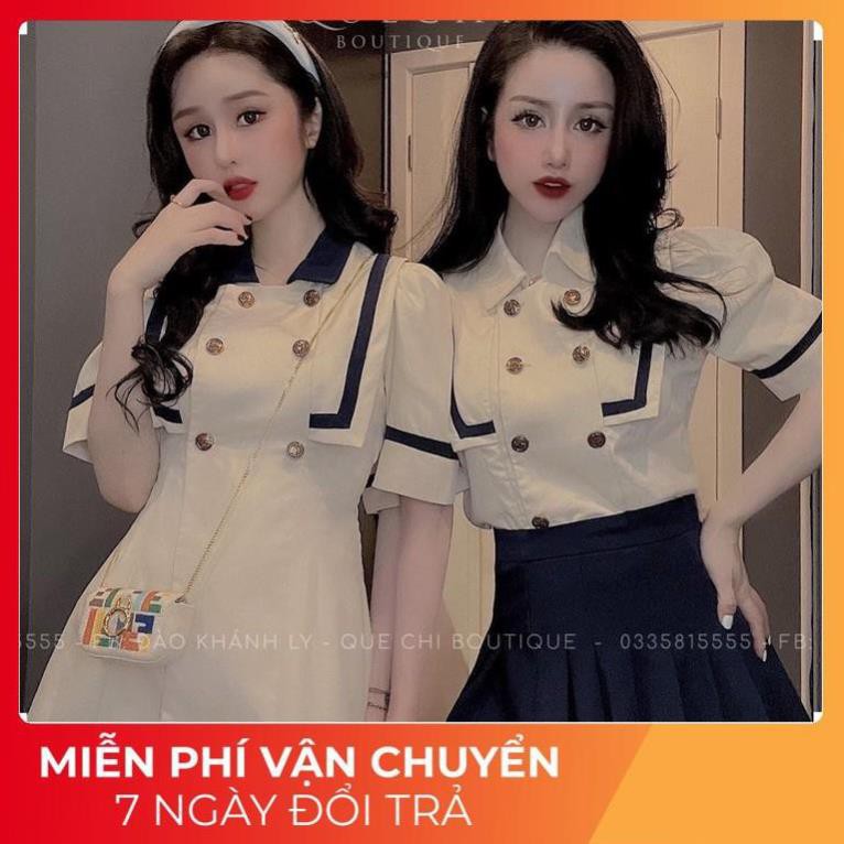 [ 𝐅𝐑𝐄𝐄 𝐒𝐇𝐈𝐏 ] Set Áo Thủy Thủ Cổ Thuyền Viền Mí Mix Chân Váy Xếp Li Xanh