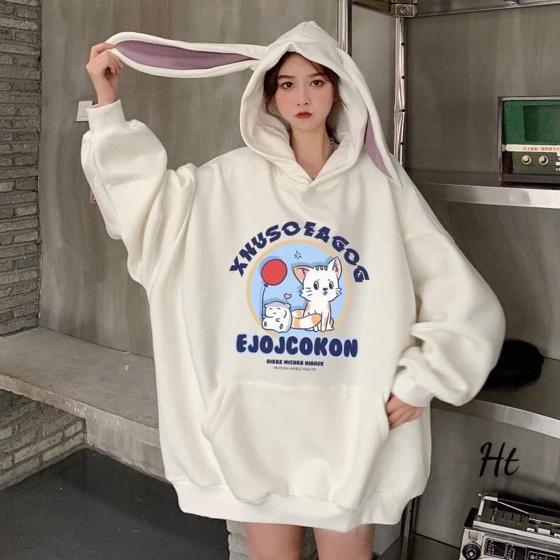 áo hoodie nỉ bông tai thỏ dài in mèo | BigBuy360 - bigbuy360.vn