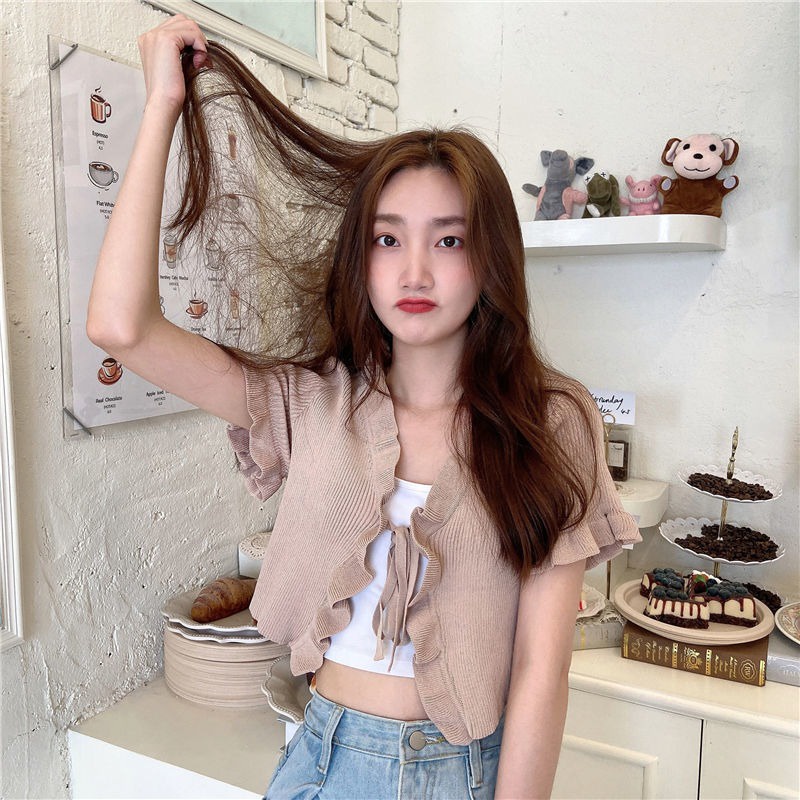 Áo Cardigan Dệt Kim Tay Ngắn Cổ Chữ V Phối Bèo Nhún Nữ Tính