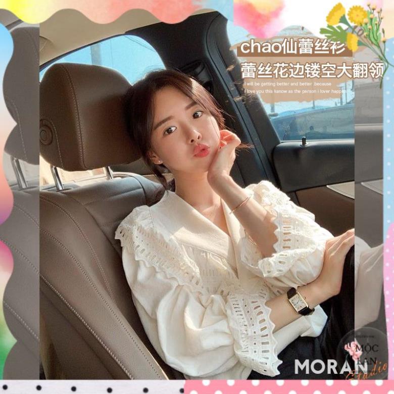 Áo sơ mi nữ cổ V bẻ rộng phối ren đục lỗ sang chảnh tiểu thư vintage kiểu Pháp