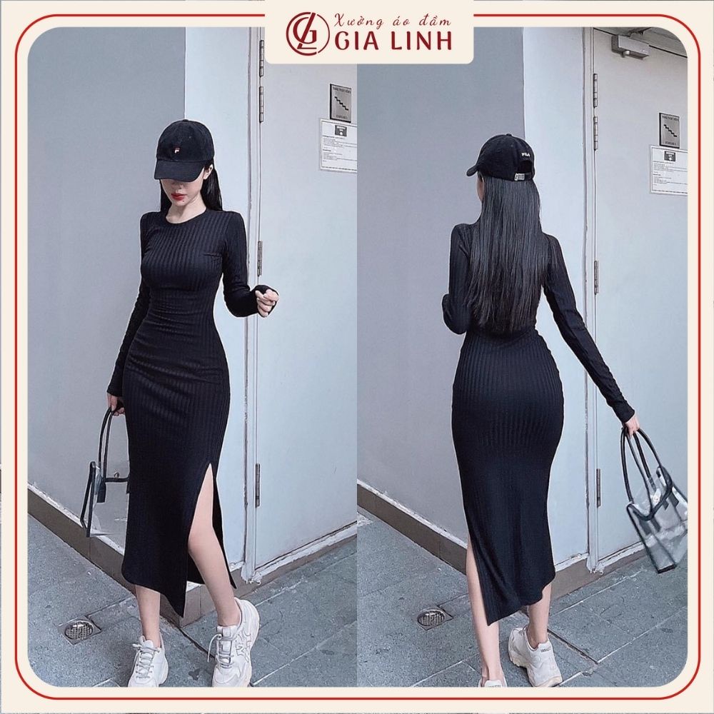 Đầm dáng ôm xẻ đùi cổ tròn chất thun co giãn tốt, váy body tay dài thích hợp mặc đi chơi đi làm hay dự tiệc