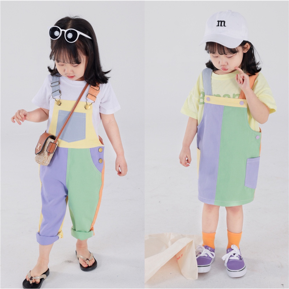 Set Áo Thun Màu Sắc Tương Phản Phối Chân Váy Yếm Mỏng Thời Trang Mùa Hè Xinh Xắn Cho Bé Gái