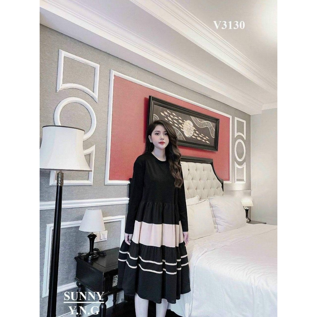 Váy bầu cotton dài tay THU ĐÔNG xếp tầng sang chảnh mặc đi làm đi chơi đều đẹp V244