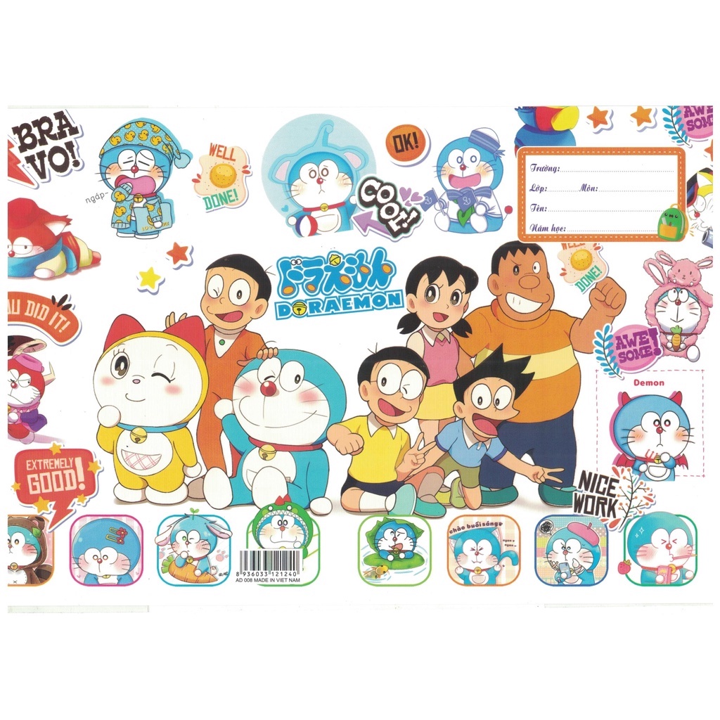 Combo 10 Bìa bao vở bao tập có sẵn bìa kiếng và nhãn tên Doraemon 170 x 210 mm