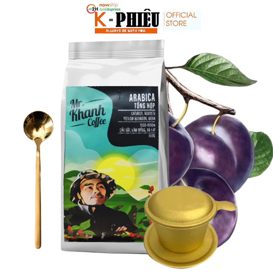 [Mùa mới] Cà Phê Arabica Tổng Hợp Võ Khanh Cầu Đất 100% K Phiêu (Túi 500g)- Tặng Phin và muỗng inox vàng óng ánh