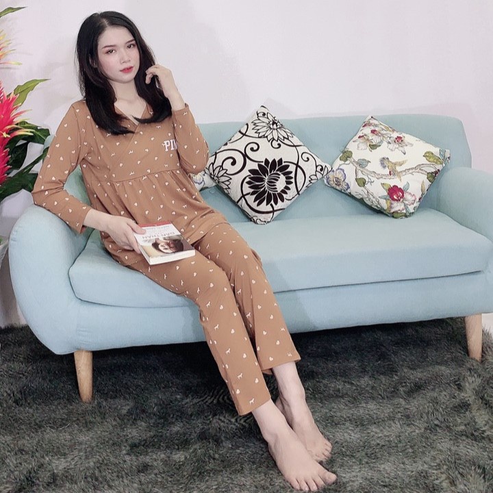 Bộ bầu - bộ sau sinh mặc nhà - cho con bú - 2 chức năng - chất liệu cotton ( Fink chéo - Dài )