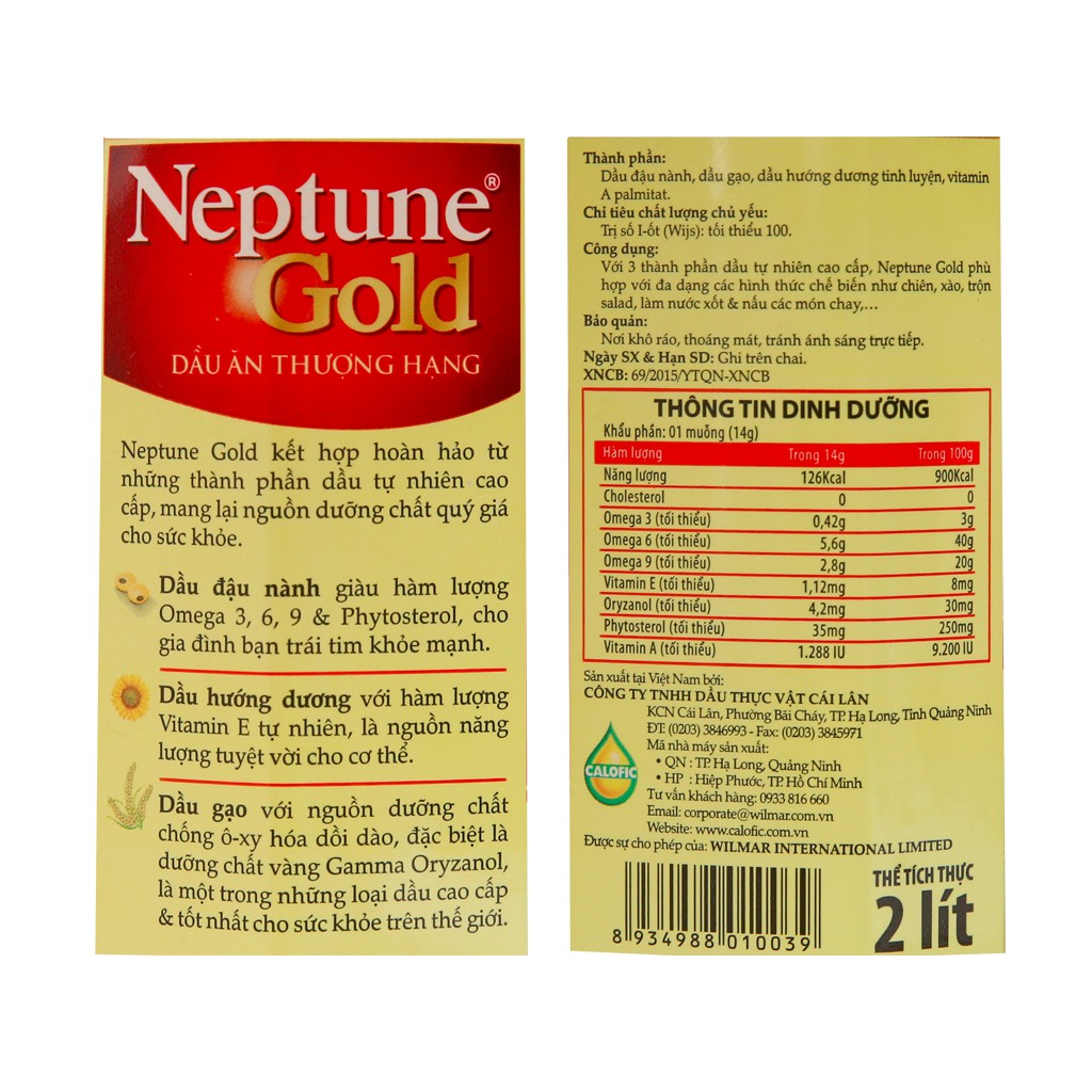 Dầu ăn Neptune Gold chai 2 lít hsd 2021