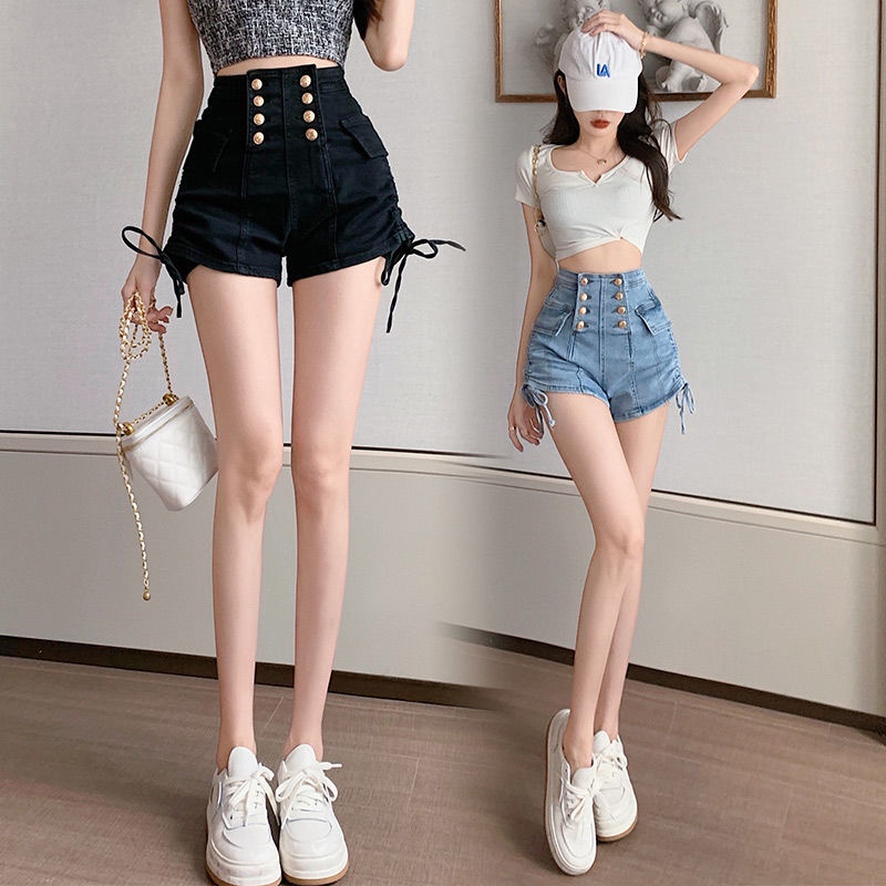 Quần short JSC denim dây rút eo cao co giãn tốt phối hai hàng nút thời trang cho nữ