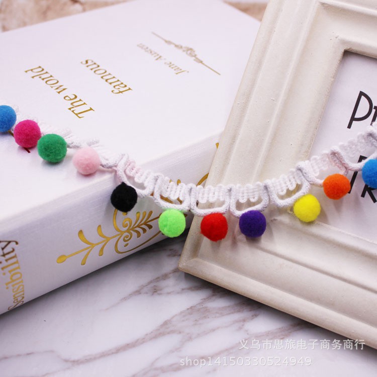 Dây viền trang trí kiểu núm tua cotton phối ren 1 yard cho đồ thủ công