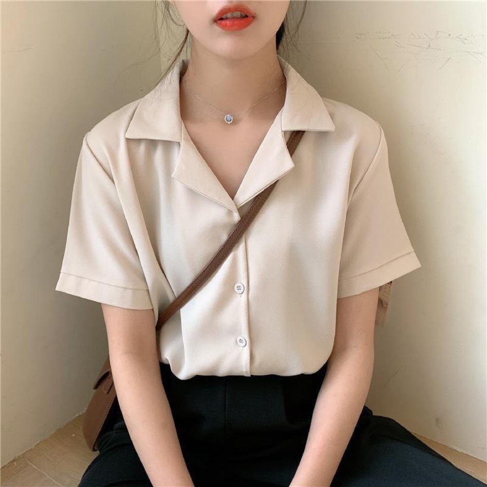 Áo sơ mi nữ cổ vest ngắn tay MADELA , Áo kiểu nữ phối cổ vest phong cách Hàn Quốc