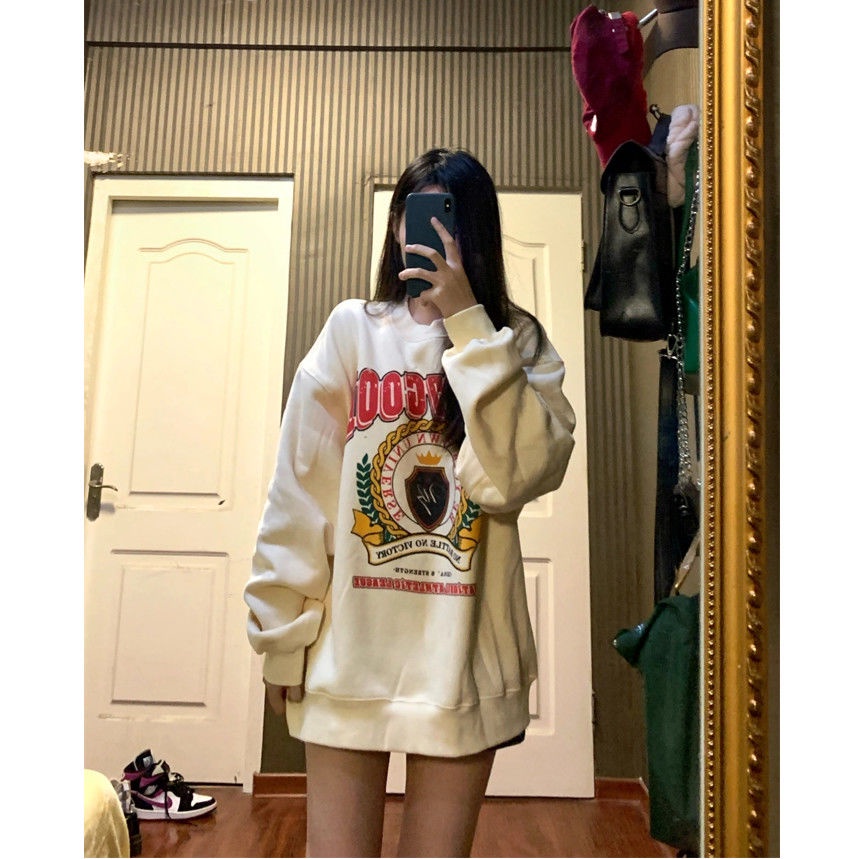 Áo Sweater Dáng Rộng In Họa Tiết Màu Vàng Sữa Phong Cách Hàn Quốc Dễ Phối Đồ