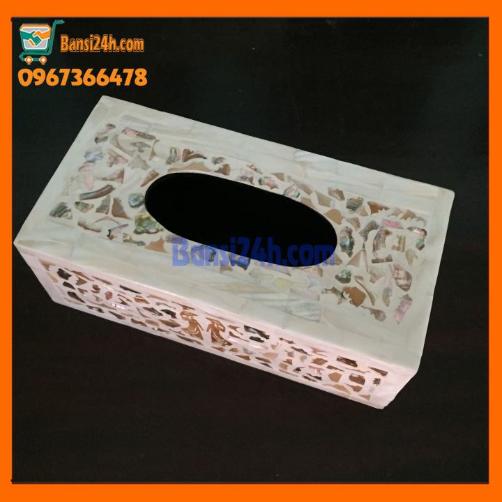 Hộp đựng giấy ăn sơn mài khảm trai cao cấp sản xuất tại Việt Nam mầu trắng