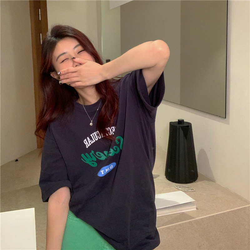 SUXI Áo Thun Tay Ngắn Dáng Rộng In Chữ Tương Phản Đơn Giản Thời Trang Mùa Hè Dễ Phối Đồ