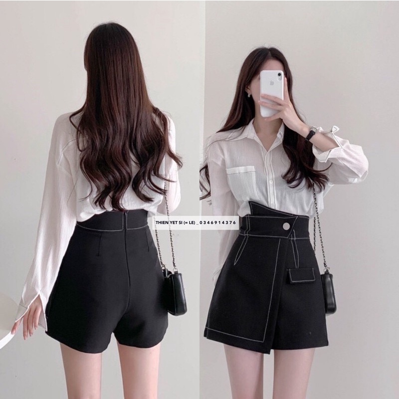 Quần GIẢ VÁY CHỈ NỔI đai cao đắp chéo chân váy chữ a thiết kế cực xinh đính cúc cạp cao may lộ chỉ// THIÊN YẾT