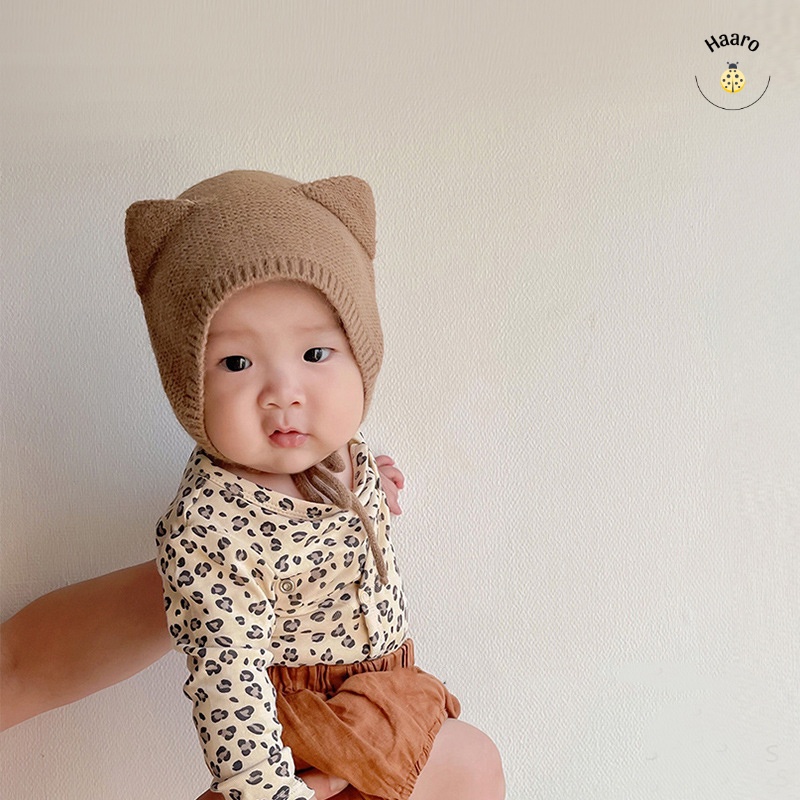 Mũ/nón len tai mèo buộc dây  mềm mại ấm áp cho bé yêu