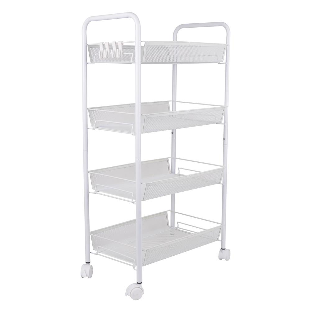 HomeBase STACKO Kệ 4 tầng bằng lưới thép có bánh xe có 4 móc treo IVY W45xH85xD26cm màu trắng