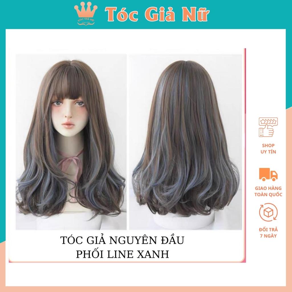 Tóc giả nữ nguyên đầu xoăn lửng phối line xanh coban tặng kèm lưới trùm tóc wig