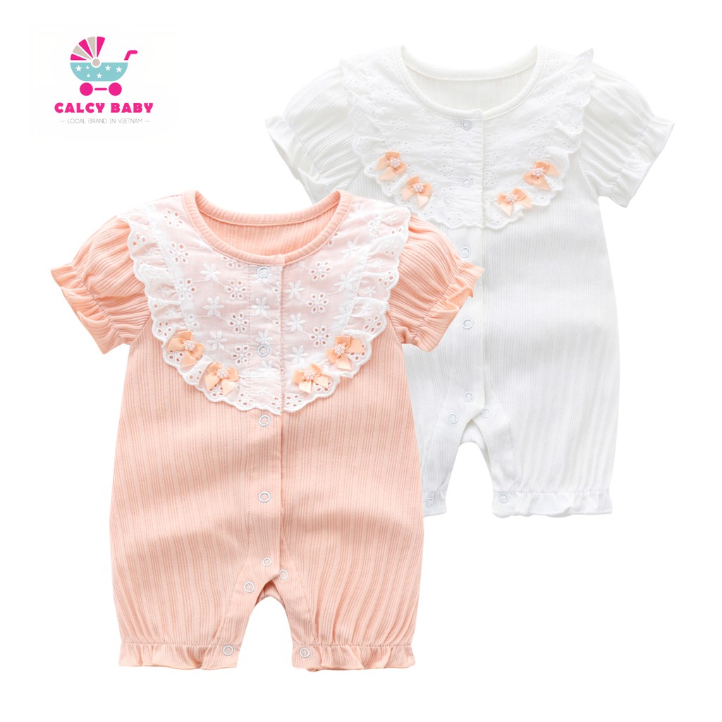 Bodychip áo liền quần sơ sinh cộc vạt nơ hồng cho bé gái Calcy Baby 016