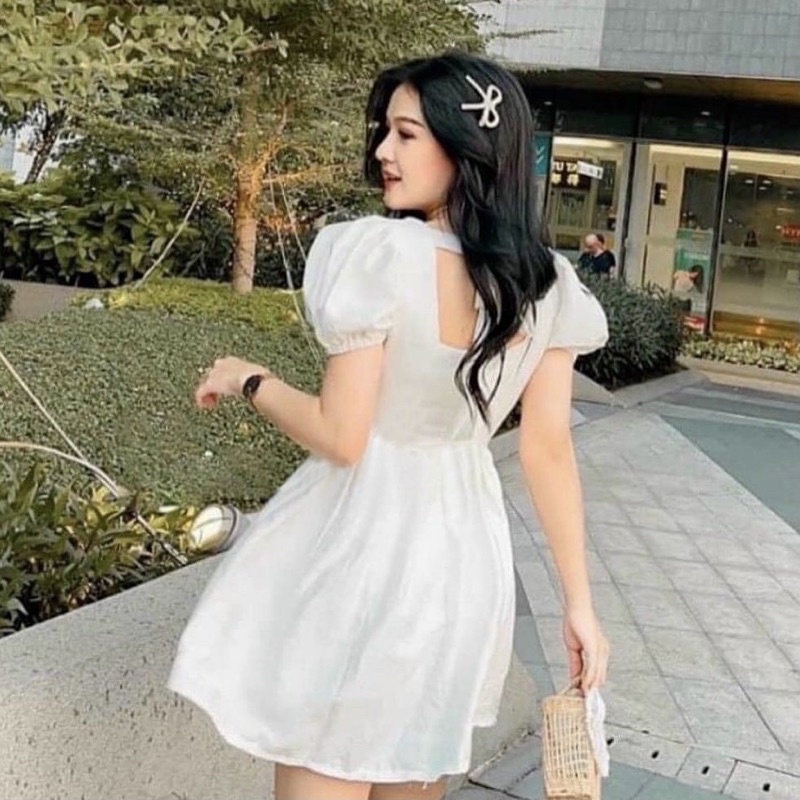 Đầm váy trắng cổ v nơ sau