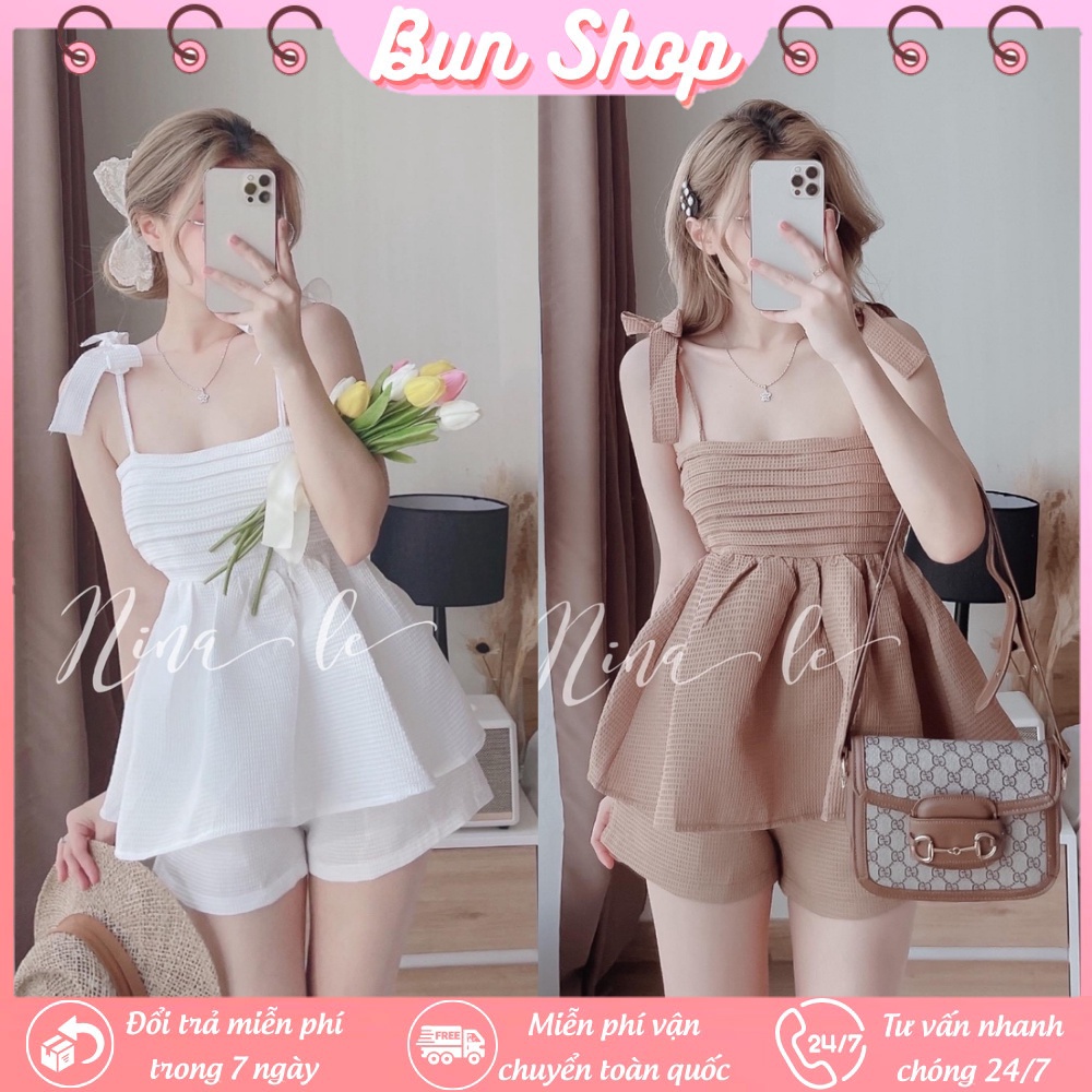Áo 2 dây + Quần short  Set babydoll áo 2 dây xếp ly ngực kèm quần short chất đũi xốp mềm mại phồng đẹp Bun shop20
