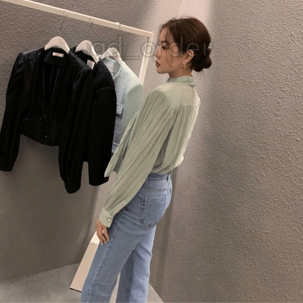 A18|Áo sơ mi nữ công sở đẹp kiểu hàn quốc dây đai cổ tay phồng gd_order