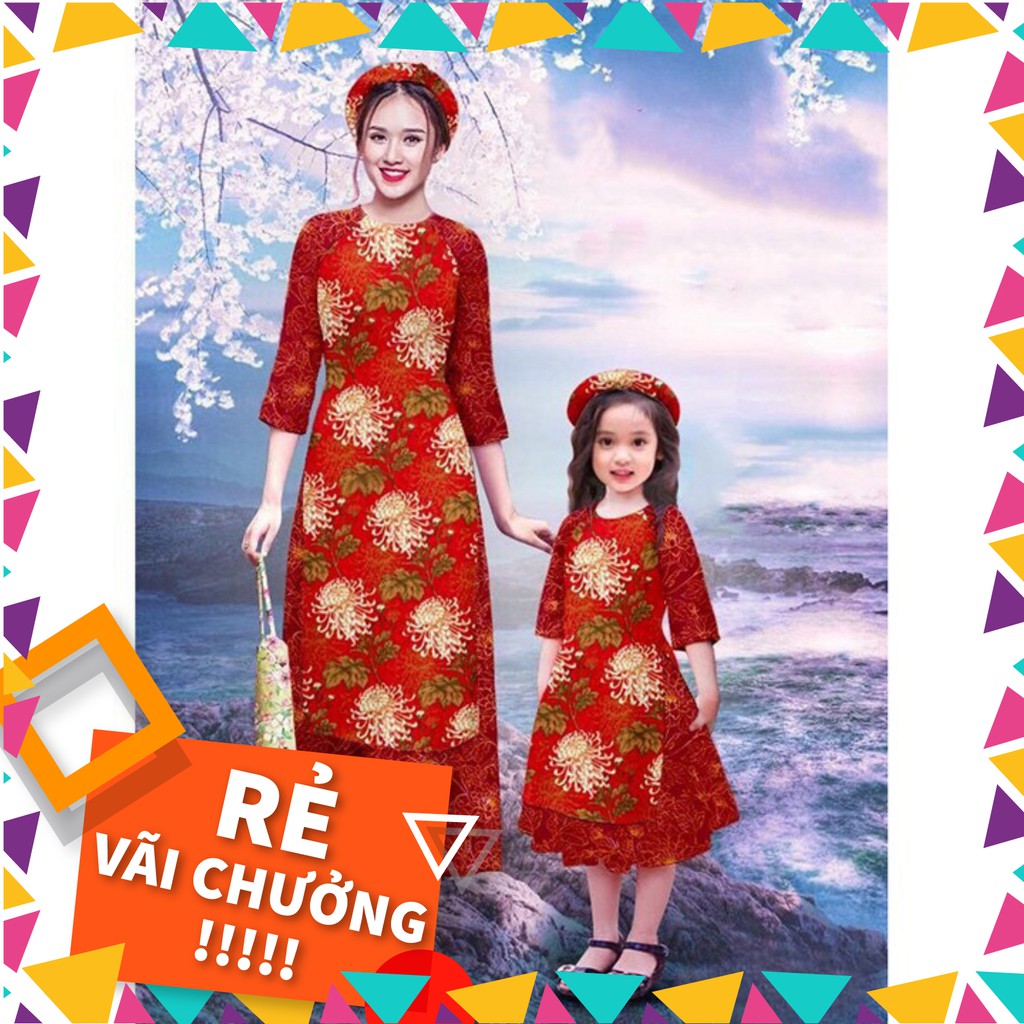 New Set Áo Dài Cách Tân MẸ VÀ BÉ họa tiết hoa lá màu đỏ đô AD241