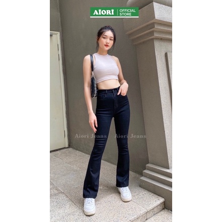 [Mã SKAMFSW175 giảm 10K đơn 50K] [HÀNG CAO CẤP]Quần Jean Nữ AIORI Ống Loe Lưng Cao Trơn Màu Đen Bass Cạp Cao Jeans Co