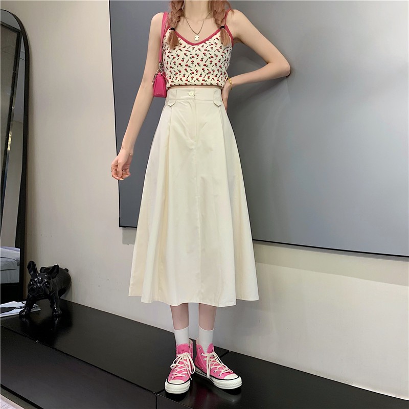 Xiaozhainv Chân váy chữ A lưng cao phong cách Ulzzang Hàn Quốc thời trang dành cho nữ