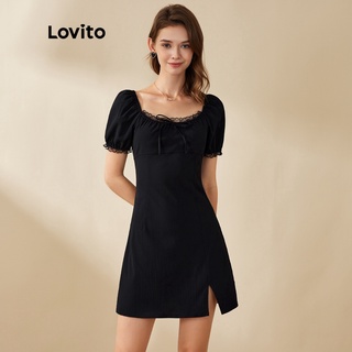 113XJ Lovito Đầm Cổ Chữ U Thắt Nút Đơn Giản Màu Đen Lovito L20D1294