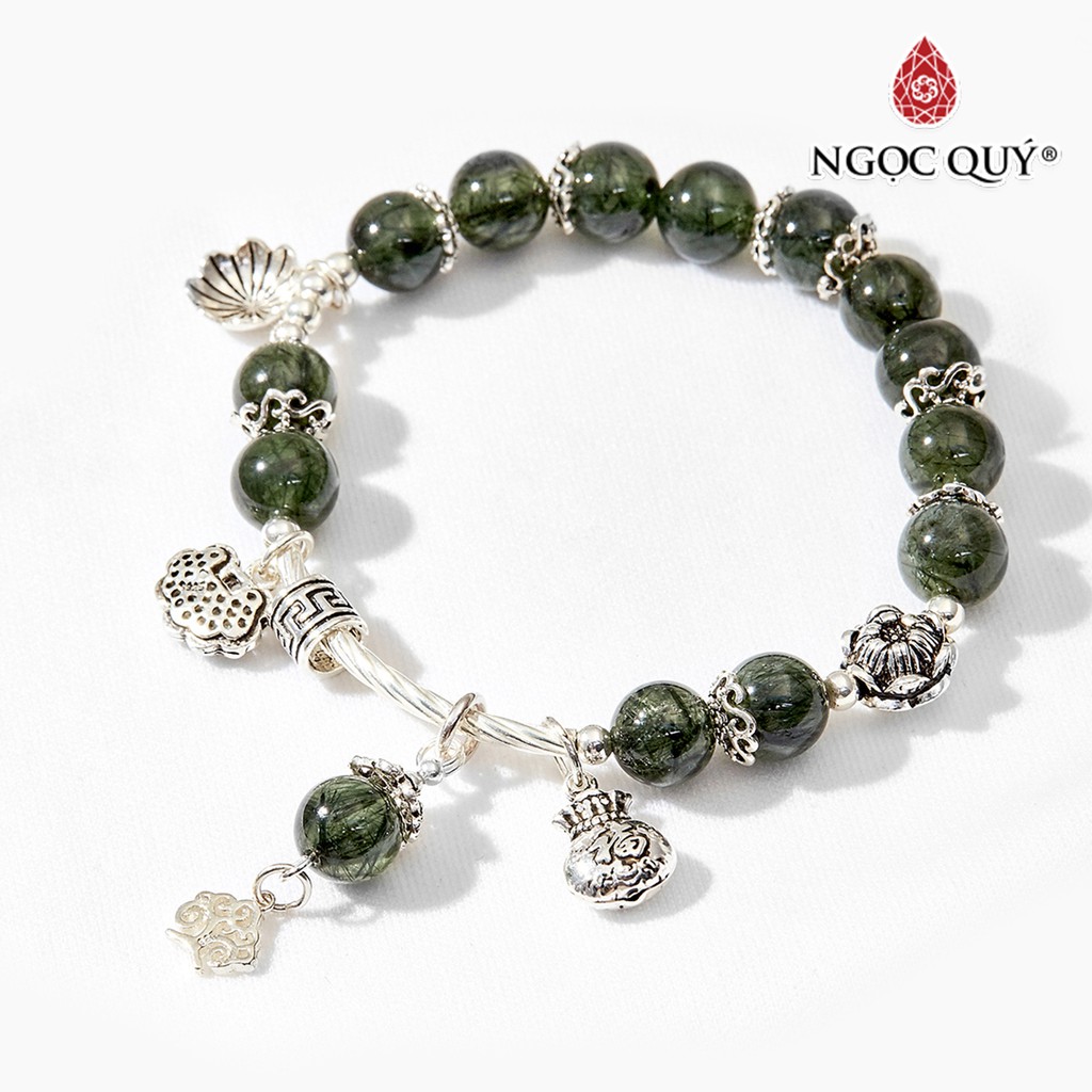 Vòng tay TA tóc xanh phối charm hoa sen hạt 8mm - Ngọc Quý