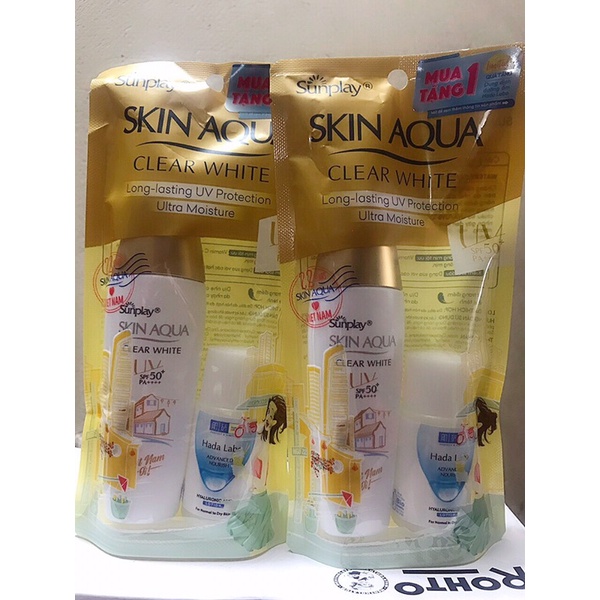 Chống nắng Sunplay Skin Aqua Clear White tặng SRM Hadalabo 25g/son màu Water Color