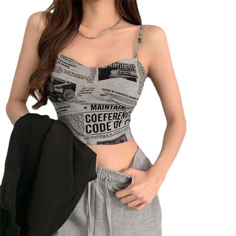 Áo Croptop Hai Dây Cổ Khoét Sâu In Họa Tiết Báo Giấy Phong Cách Harajuku Quyến Rũ Cho Nữ