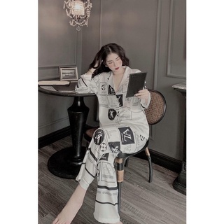 Set tay dài pijama chất lụa gấm xước LV siêu sang