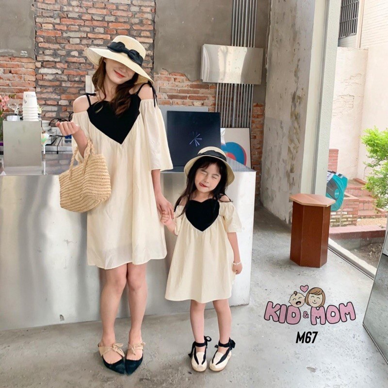 Bán sỉ Sét váy xuông đôi màu be cổ tim đen cho mẹ và bé | BigBuy360 - bigbuy360.vn
