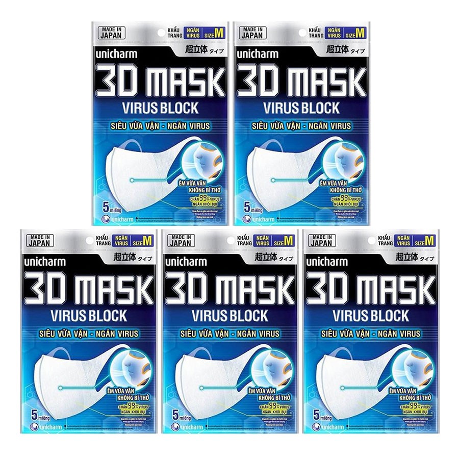 Khẩu Trang Ngăn Vi Khuẩn Unicharm 3D Mask Virus Block (5 Cái/Gói).