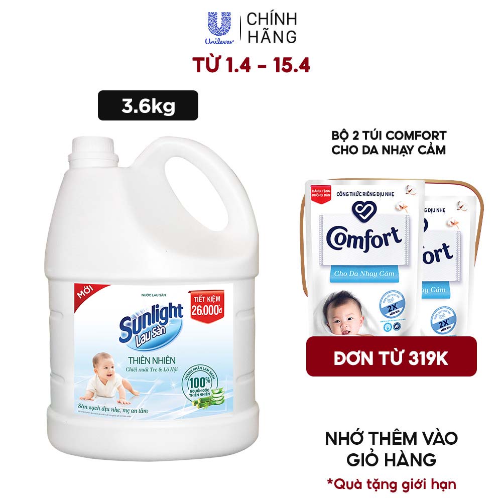 Nước Lau Sàn Sunlight Thiên Nhiên Chiết Xuất Tre &amp; Lô Hội 3,6 Kg - Sạch Dịu Nhẹ - Mẹ An Tâm