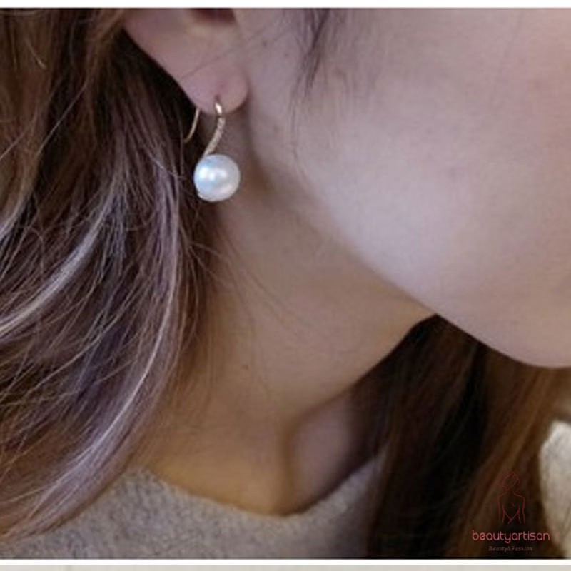 Bông tai mạ vàng dạng móc có đính ngọc trai kết hợp đá lấp lánh dễ thương phong cách Hàn Quốc