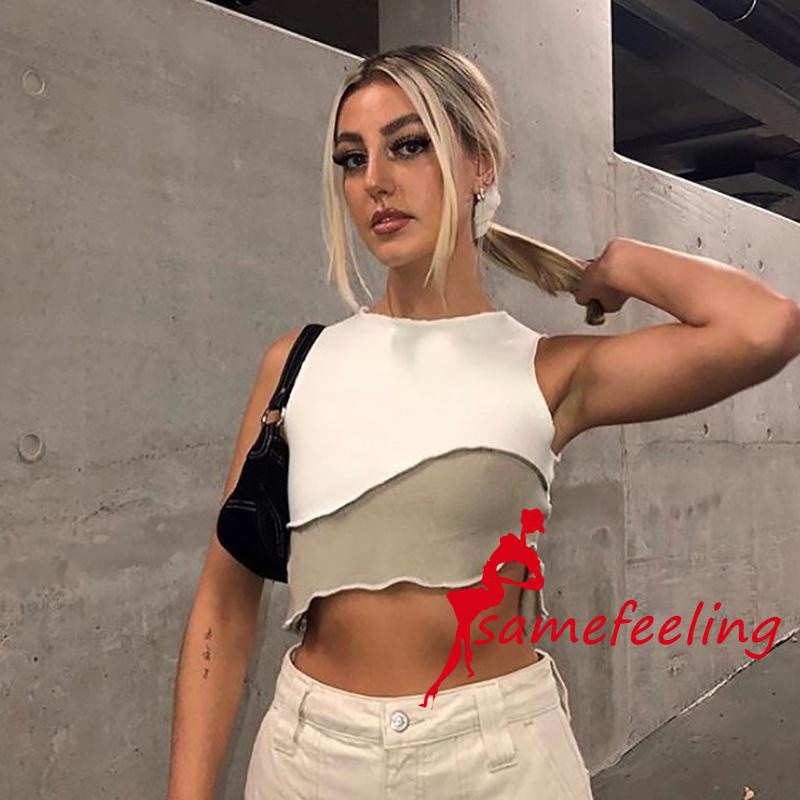 Sf Áo Croptop Không Tay Cổ Tròn Phối Màu Gợi Cảm Cho Nữ