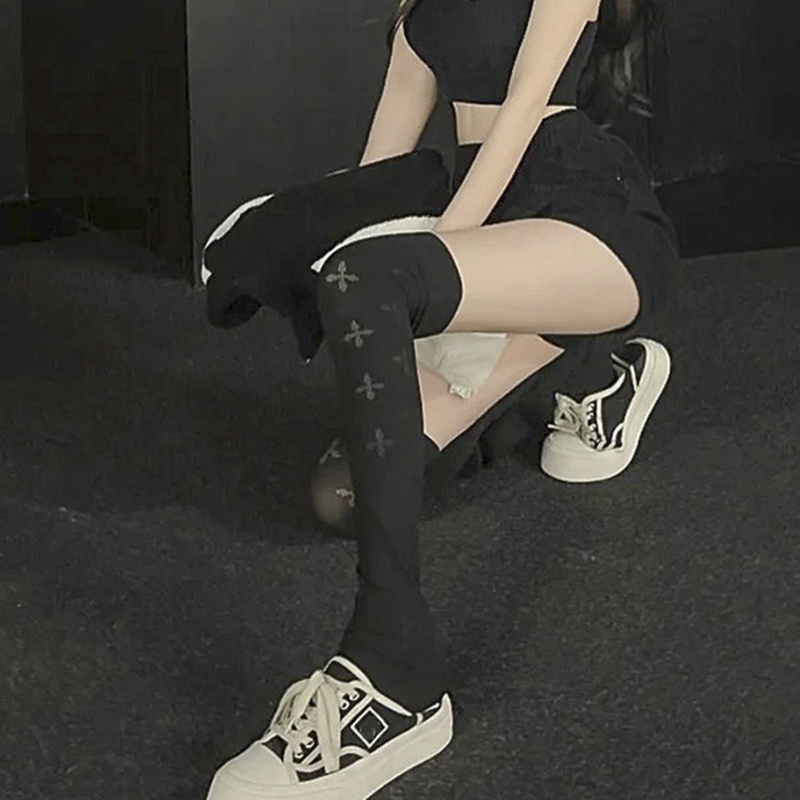 XIXI Tất Đen Dài Qua Gối Họa Tiết Đan Chéo Phong Cách Lolita Goth Cho Nữ