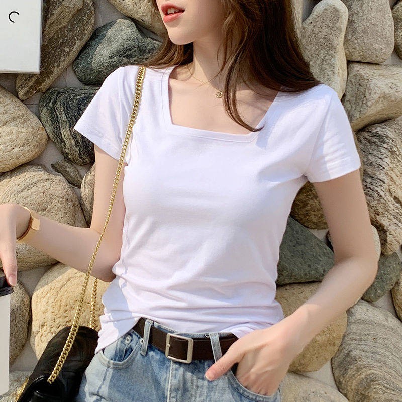 Hướng dẫn, Áo phông, Nữ ngắn tay, Phiên bản Hàn Quốc, Slim, Cotton, 2021 M.ùa hè, M.ới, Phần hoang dã, Phần mỏng, Nửa ta