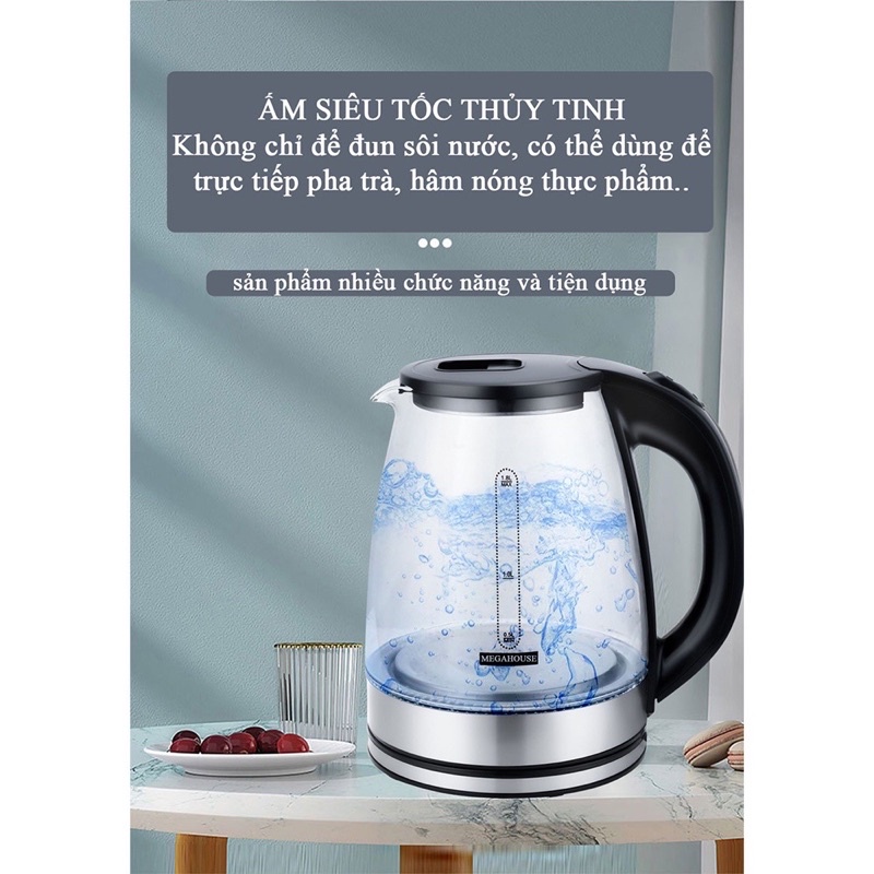 Ấm siêu tốc thuỷ tinh cao cấp 1,8L trong suốt sang trọng, có đèn led và tự ngắt khi sôi- Bình đun siêu tốc thuỷ tinh xịn