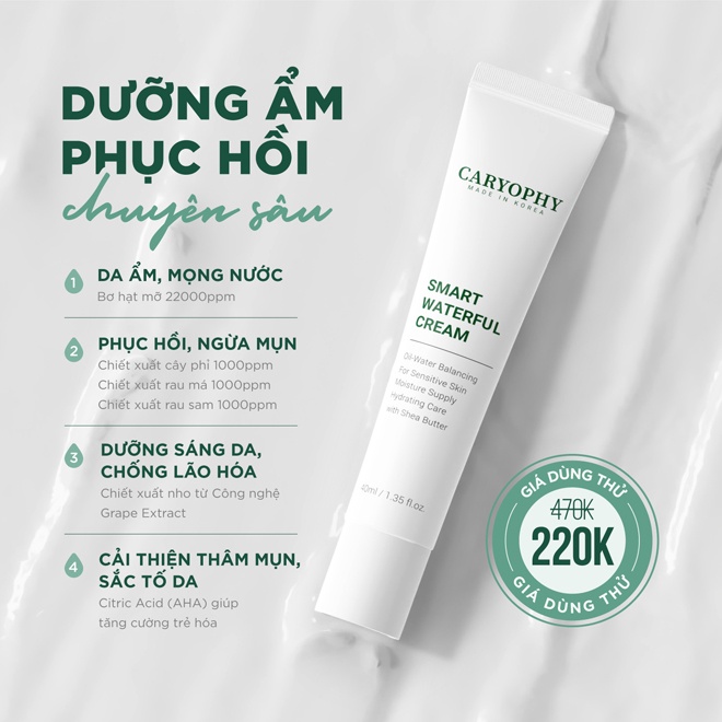 Bộ 5 sản phẩm giảm mụn thâm Caryophy (Tẩy trang 500ml, SRM150ml, Toner300ml, Serum10ml, Kem dưỡng 40ml)