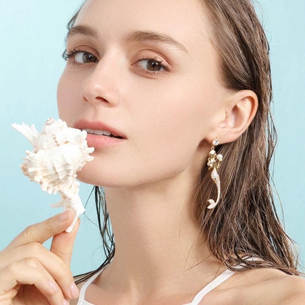 Vanes1 Nàng Tiên Cá Móc Treo Sang Trọng|Bông Tai Hình Đuôi Cá Đính Ngọc Trai Phong Cách Hàn Quốc