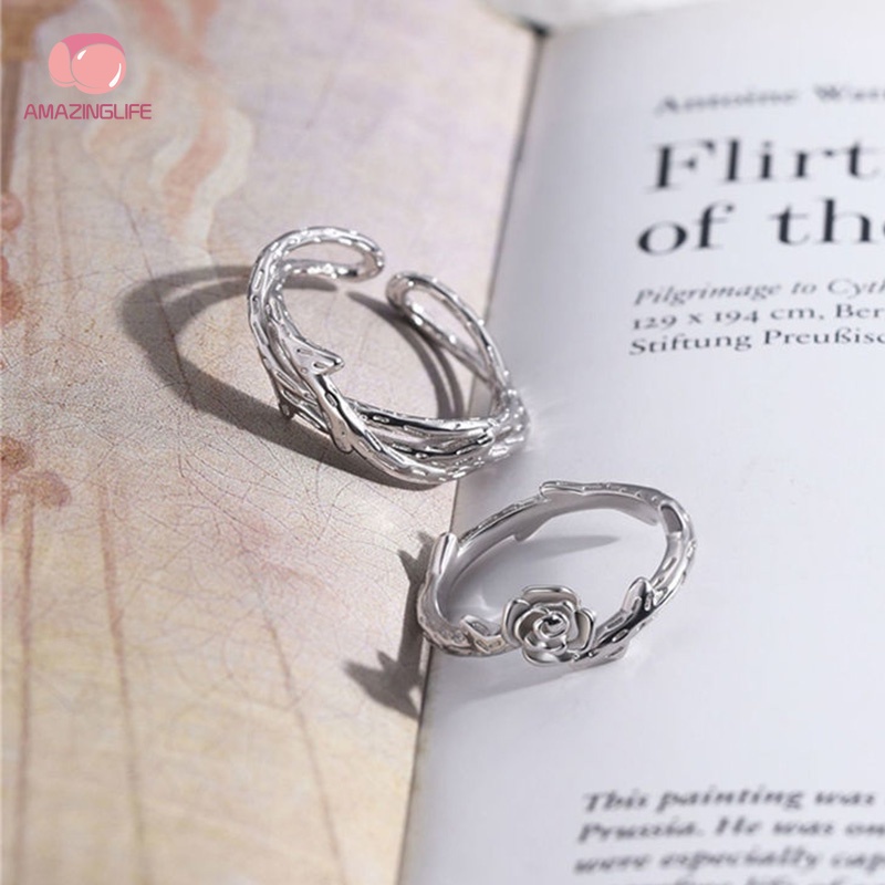 [Amazinglife] Nhẫn Cặp Đôi Hình Hoa Hồng Vintage Hàn Quốc Có Thể Điều Chỉnh Làm Quà Tặng Valentine