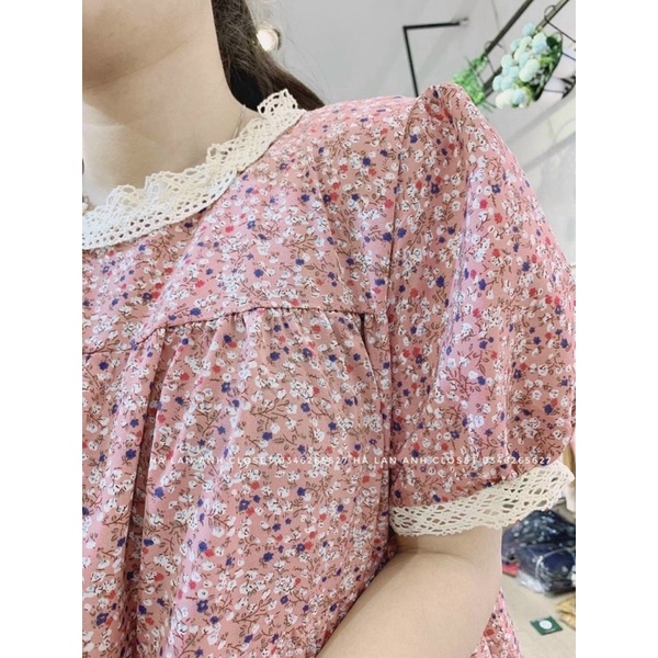 Váy bầu, đầm bầu hoa nhí TK đẹp cổ ren, dáng suông xinh xắn V58