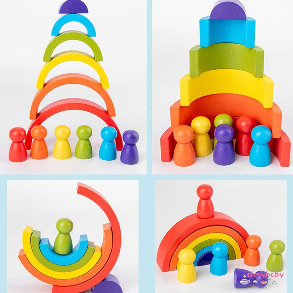 【OMB】 Early Educational Toys Creative Rainbow Arched Building Blocks Wood Game