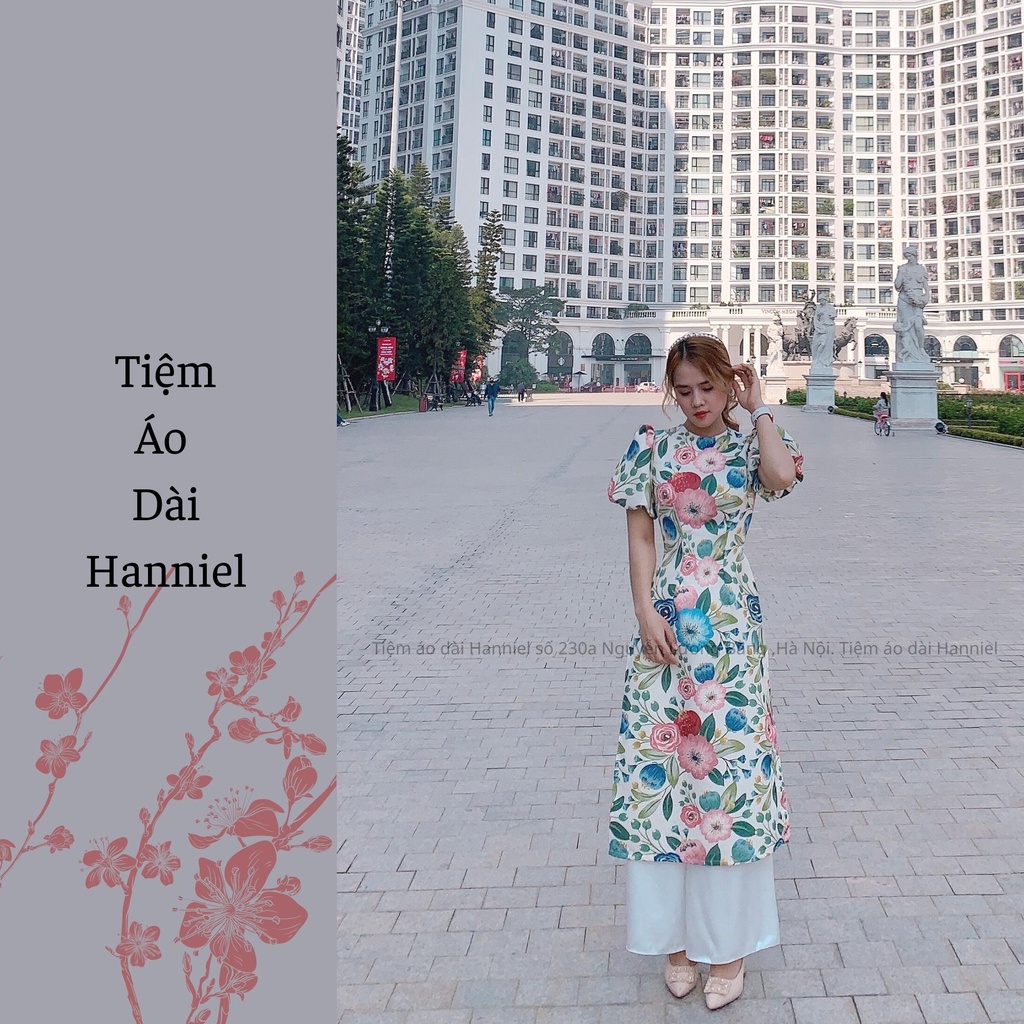 Áo dài cách tân nữ, họa tiết gấm hoa nổi - hoa nhí, cổ tròn tay bồng, áo dài cách tân màu trắng - H3