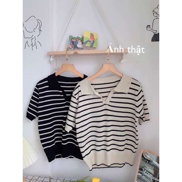 [Ảnh thật/video] Áo polo len tăm cộc tay kẻ sọc/ Áo len croptop phong cách Hàn Quốc